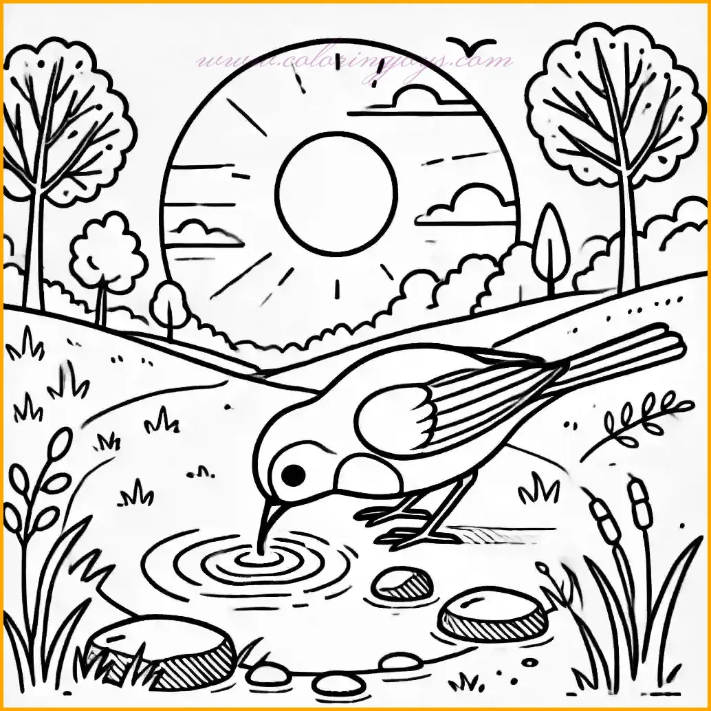 This robin coloring pages design illustrates a robin bird drinking water from a small stream in a peaceful natural setting. The robin is bending down near the water, surrounded by a few rocks and patches of grass. The background includes a bright sun shining above and simple trees in the distance. The bold and open outlines make this robin coloring pages easy and enjoyable for children. Suggested colors include red and brown for the robin, blue for the stream, green for the grass and trees, and yellow for the sun, offering a fun and creative coloring activity.