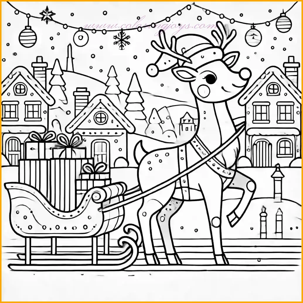 This charming coloring page showcases Rudolph the Red-Nosed Reindeer wearing a Santa hat and pulling a sleigh filled with presents. The background features a cozy Christmas village with simple houses covered in snow, and stars twinkling in the night sky. The bold outlines and large open spaces make it perfect for children to color. Use red for Rudolph’s nose and Santa hat, brown for his fur, and vibrant colors like green, gold, and red for the gifts. Add light blues for the snowy setting and soft yellows for the stars to bring this festive scene to life.
