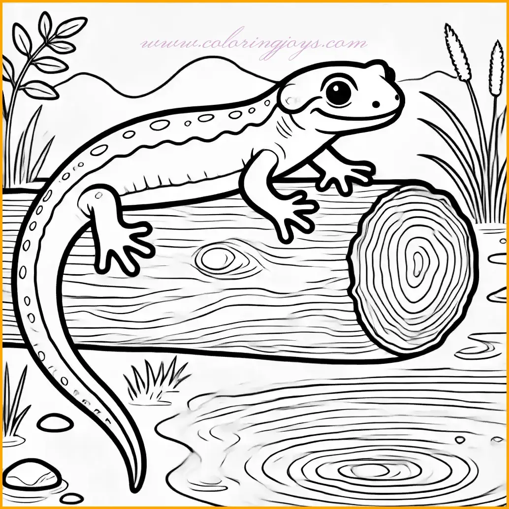 This coloring page features a charming salamander perched on a small log next to a serene pond. The salamander is depicted with smooth and clear outlines, highlighting its long tail, delicate legs, and slender body. The simple background includes a few ripples in the water and a small tuft of grass, offering a natural setting while keeping the design clean and easy to color. Kids can use bright colors for the salamander, earthy tones for the log, and light blues and greens for the pond and grass. The large spaces make it perfect for young artists to enjoy coloring!