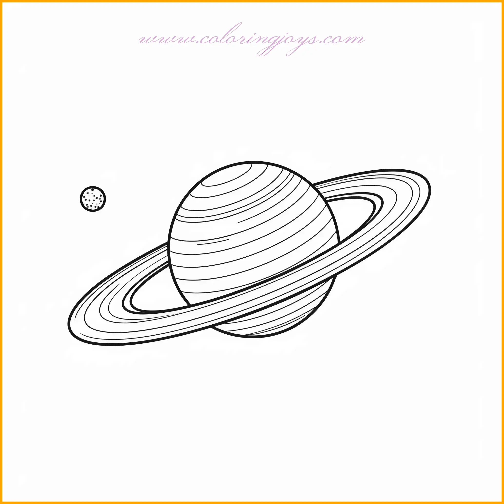 This coloring page captures Saturn with thick, bold rings and a small asteroid passing nearby. Saturn’s surface can be shaded with golden yellow and pale orange tones to replicate its gaseous structure. The bold rings can be colored in alternating shades of silver and white to make them stand out. Add grey or brown hues to the asteroid for a natural look, and complete the background with a deep navy or black color sprinkled with white stars to emphasize the planetary scene.