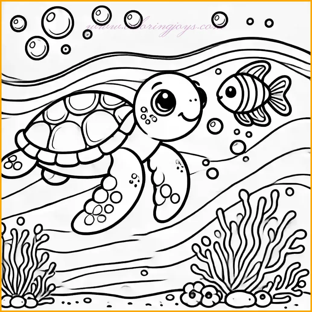 This adorable coloring page features a cheerful sea turtle playing with a small fish in an underwater scene. The background includes wavy water lines, a piece of coral, and a few bubbles, creating a lively and engaging ocean setting. The bold outlines and large open spaces are perfect for children, making coloring fun and easy. Use vibrant colors for the turtle, fish, and coral, along with soft blues for the water and bubbles to bring this playful underwater world to life!