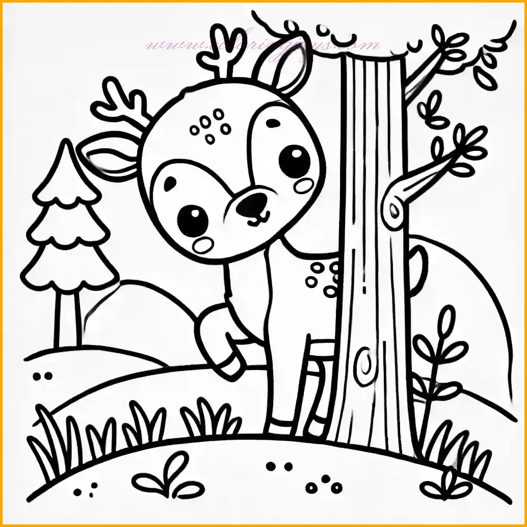 This adorable illustration from the deer coloring pages collection features a shy deer peeking bashfully from behind a tree trunk. The deer has simple antlers and an endearing expression, surrounded by a stylized tree and a few grass patches. With bold outlines and a minimalistic design, this page offers ample open spaces, making it fun and easy for children to color while sparking their creativity.