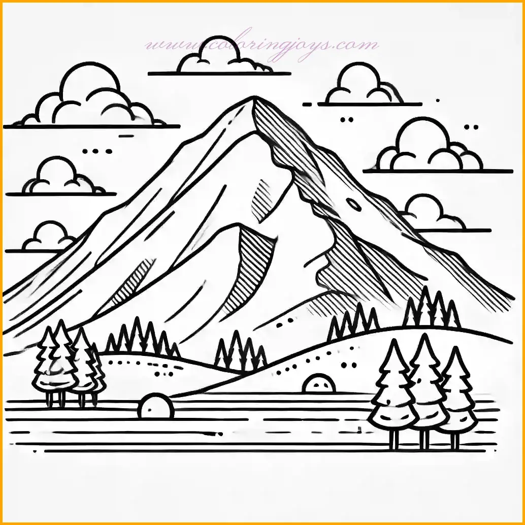 This coloring page features a large, realistic mountain with smooth and wide slopes, making it visually appealing and easy for children to color. The mountain is framed by a few fluffy clouds floating in the sky and two or three scattered pine trees at the base, creating a calm and serene scene. The design focuses on bold, clean lines with minimal intricate details, ensuring large, open spaces that are perfect for younger kids to fill with their favorite colors. Children can use shades of gray or brown for the mountain, green for the trees, and soft blue or white for the clouds, bringing the scene to life while practicing their coloring skills. This page is ideal for young artists who love simple yet beautiful nature-inspired illustrations.