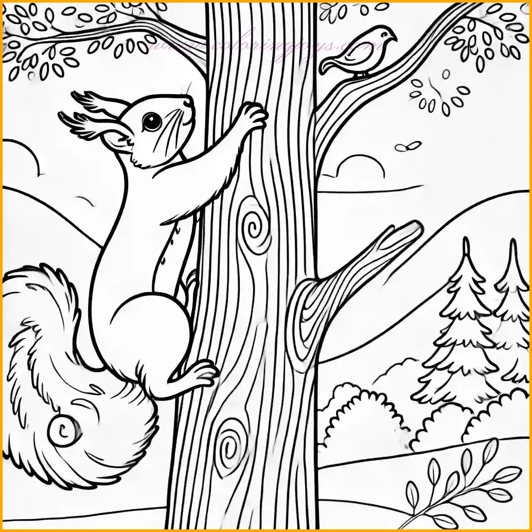 This squirrel coloring pages illustration showcases a determined squirrel climbing a tree trunk, reaching upward with one paw as it ascends. Its bushy tail curls behind it, adding movement to the scene. The background includes a curved line representing the forest floor and a small bird perched on a nearby branch to enhance the natural setting. Bold black outlines on a clean white background make this design ideal for children to enjoy coloring with ease and creativity.