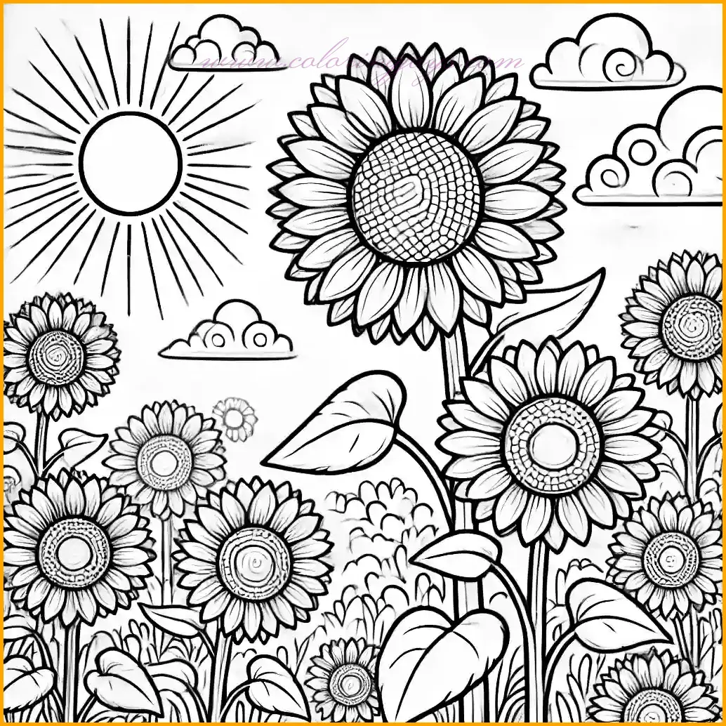 This coloring page showcases a vibrant field of sunflowers, featuring several tall sunflowers with bold petals and round centers. The serene background includes a clear sky, fluffy clouds, and a bright shining sun, creating a cheerful natural scene. The design uses bold, clean lines and large open spaces, making it easy and enjoyable for kids to color. Children can use yellow for the petals, green for the stems and leaves, blue or white for the clouds, and a vibrant yellow for the sun. A delightful way for young artists to celebrate nature through coloring.