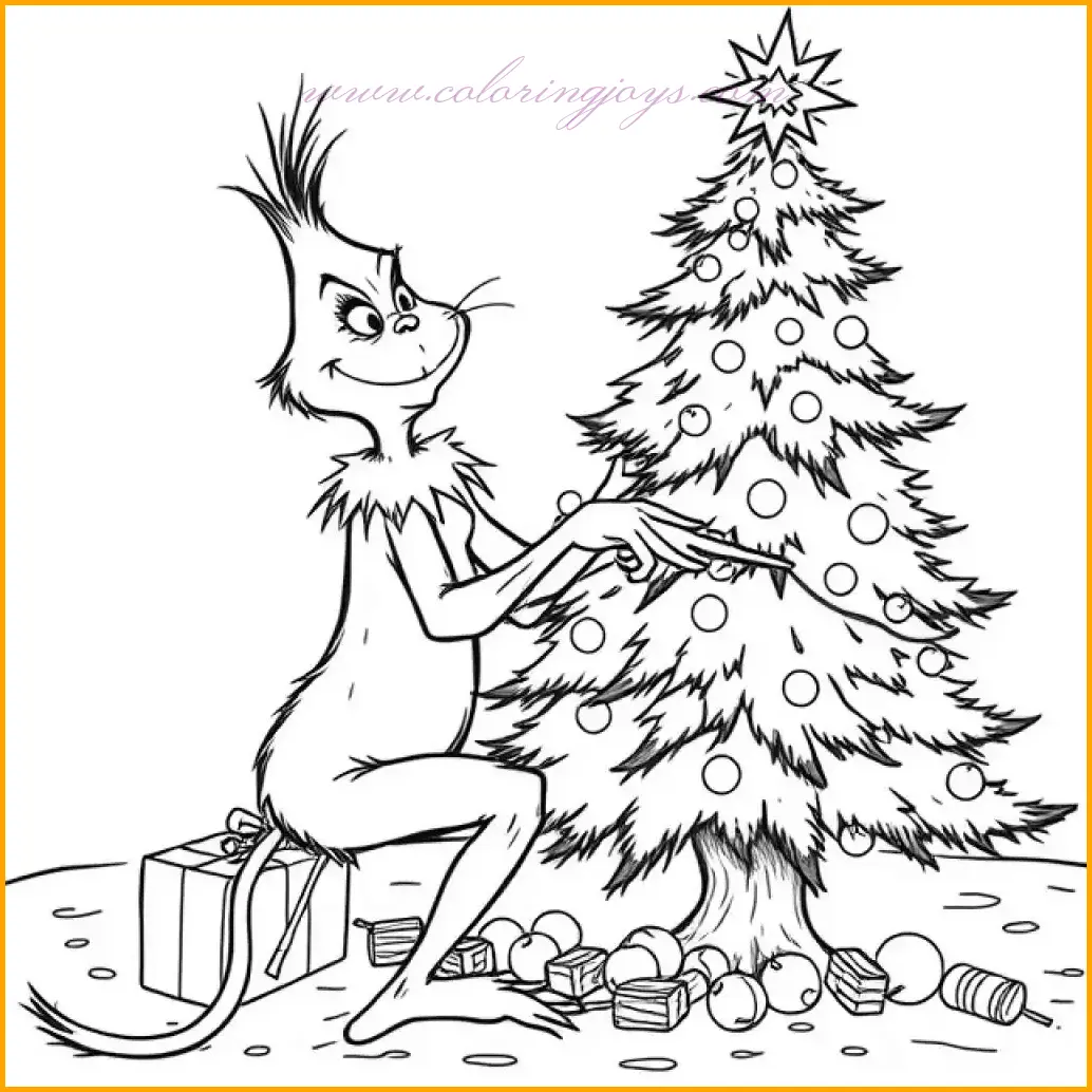 This coloring page shows the Grinch in the midst of carving a whimsical Christmas tree in his unique style. His vibrant green fur stands out as he carefully crafts the tree with a quirky, twisted shape. The tree can be shaded in bright green with decorations like red and gold ornaments, blue ribbons, and candy canes. The cave walls surrounding him can be given earthy tones like gray and brown to emphasize the cozy yet mischievous atmosphere. Add sparkles to the carved ornaments to make the scene pop. This page invites creativity to bring the Grinch’s peculiar charm to life.