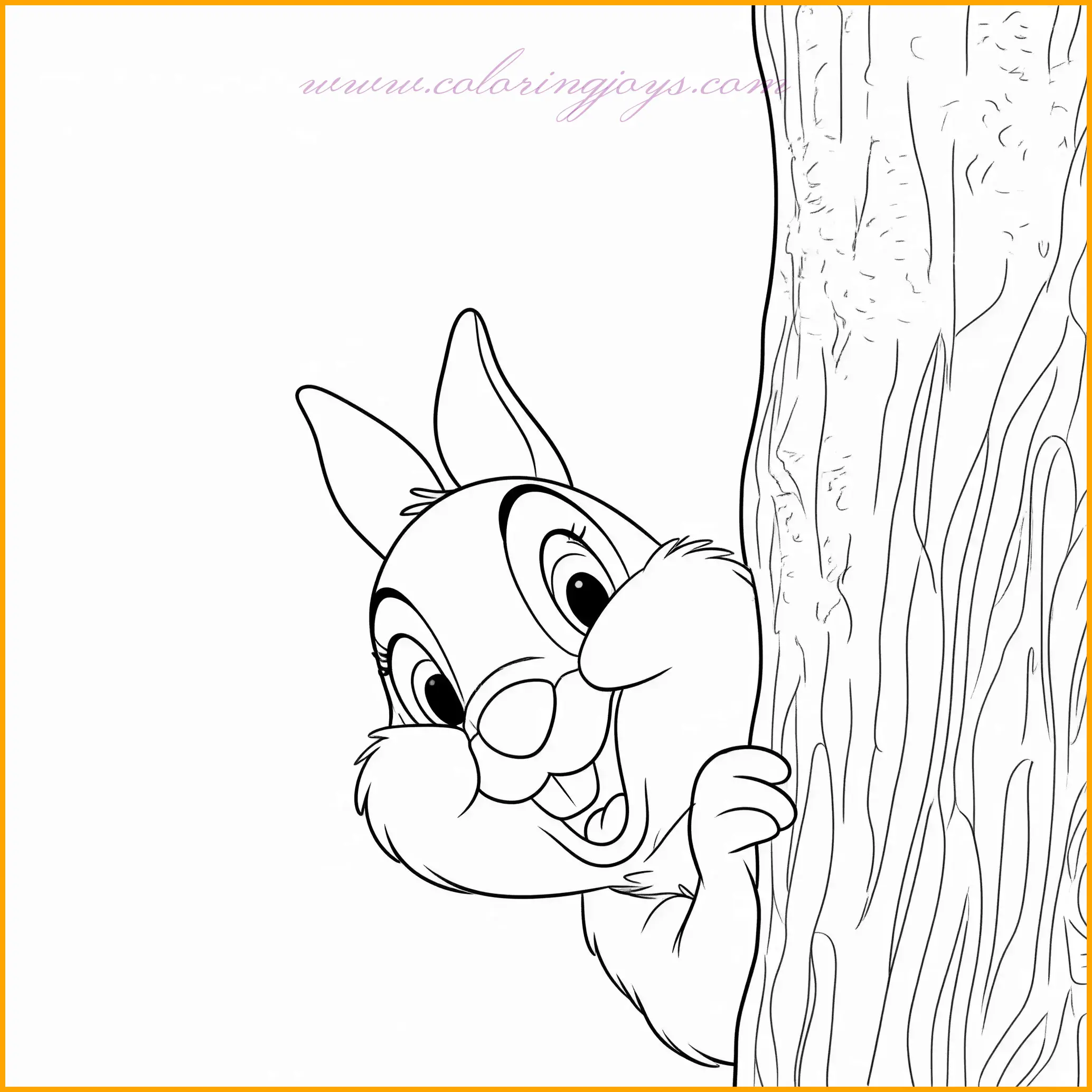 This charming coloring page features Thumper peeking out from behind a tree, his curious eyes full of mischief and wonder. The tree trunk is textured with detailed bark, and the surrounding foliage adds a vibrant touch to the forest setting. Thumper’s positioning, partially hidden but fully engaged, creates a playful and endearing scene. For the tree, use shades of brown to highlight its rough texture, and incorporate various greens for the leaves to create depth. Thumper’s fur can be brought to life with soft grays, blended with white highlights for a realistic effect. Add pink to his nose and ears for warmth, and consider a background of soft blues and greens to enhance the forest ambiance. This scene offers a delightful opportunity to blend natural tones with Thumper’s playful charm.