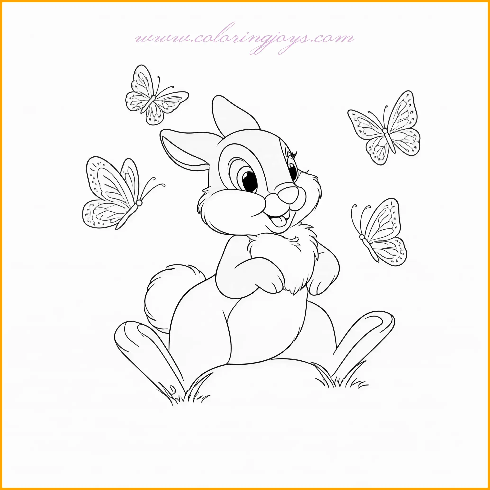 This lively coloring page captures Thumper hopping around joyfully, surrounded by delicate butterflies fluttering in the air. The scene is filled with energy as Thumper's playful pose showcases his cheerful personality. The butterflies add a magical touch, with their intricate wing patterns and graceful movements. For coloring, use soft pastels or bright shades for the butterflies, creating a vivid contrast with the green grass and vibrant wildflowers scattered around. Thumper’s fur can be shaded with light grays and whites, while his ears and nose can be accented with gentle pink hues. To enhance the scene, add a clear blue sky or a soft golden glow to represent a sunny afternoon. The combination of Thumper's playful nature and the delicate butterflies makes this page an engaging and colorful experience.