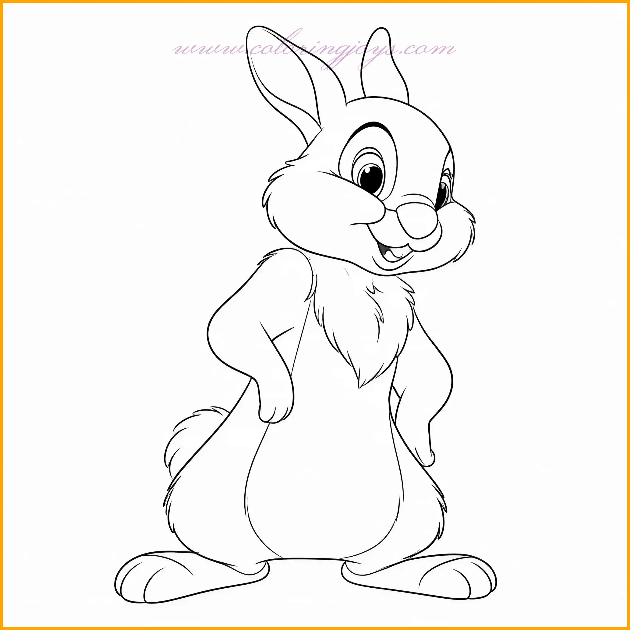 This coloring page features Thumper standing tall with a proud expression, his ears upright and alert. The setting is a tranquil forest, with detailed tree trunks and scattered foliage creating a serene background. Thumper’s stance exudes confidence and curiosity, making him the star of the scene. For coloring, use natural tones like browns for the tree bark and various greens for the leaves and grass. Thumper’s fur can be shaded with soft grays, enhanced with white accents for texture and detail. Add pink to his ears and nose for a cheerful touch. The background can be softened with hints of blue and golden hues to represent a clear, sunny day. This page allows for creative use of colors to highlight Thumper’s proud and playful demeanor.