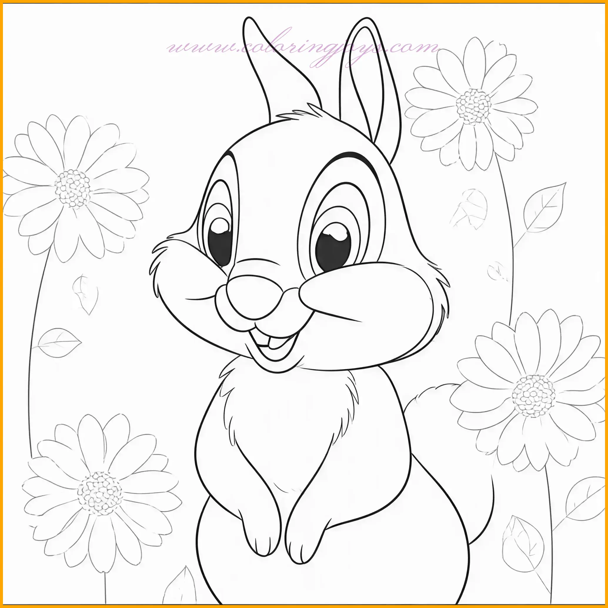 This coloring page showcases Thumper sitting with a joyful expression, surrounded by a vibrant array of flowers. The detailed flowers, with their varying shapes and sizes, create a lively and colorful atmosphere. Thumper’s relaxed pose and bright demeanor make him the centerpiece of this delightful scene. For coloring, use a mix of bright colors such as pinks, purples, yellows, and blues for the flowers, while the grass and leaves can be shaded with various greens. Thumper’s fur can be highlighted with light gray tones, complemented by soft white accents and a touch of pink on his nose and ears. Add subtle shadows to enhance the depth and texture of the flowers and grass. This page is perfect for expressing creativity and celebrating the beauty of nature with Thumper.