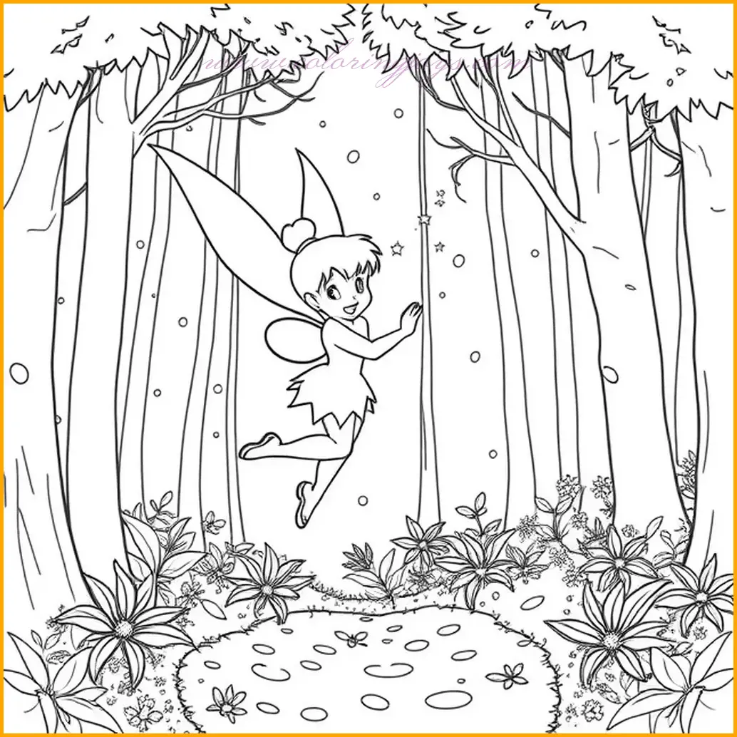 In this delightful scene, Tinker Bell is gracefully dancing through an enchanting forest, her sparkling wings glowing with magical pixie dust. The lush forest background features tall trees and soft beams of light filtering through the leaves. For coloring, use vibrant greens for the forest, light blues and whites for her radiant wings, and shades of yellow for her golden pixie dust trail. Don’t forget to add some magical sparkle effects to bring the scene to life!