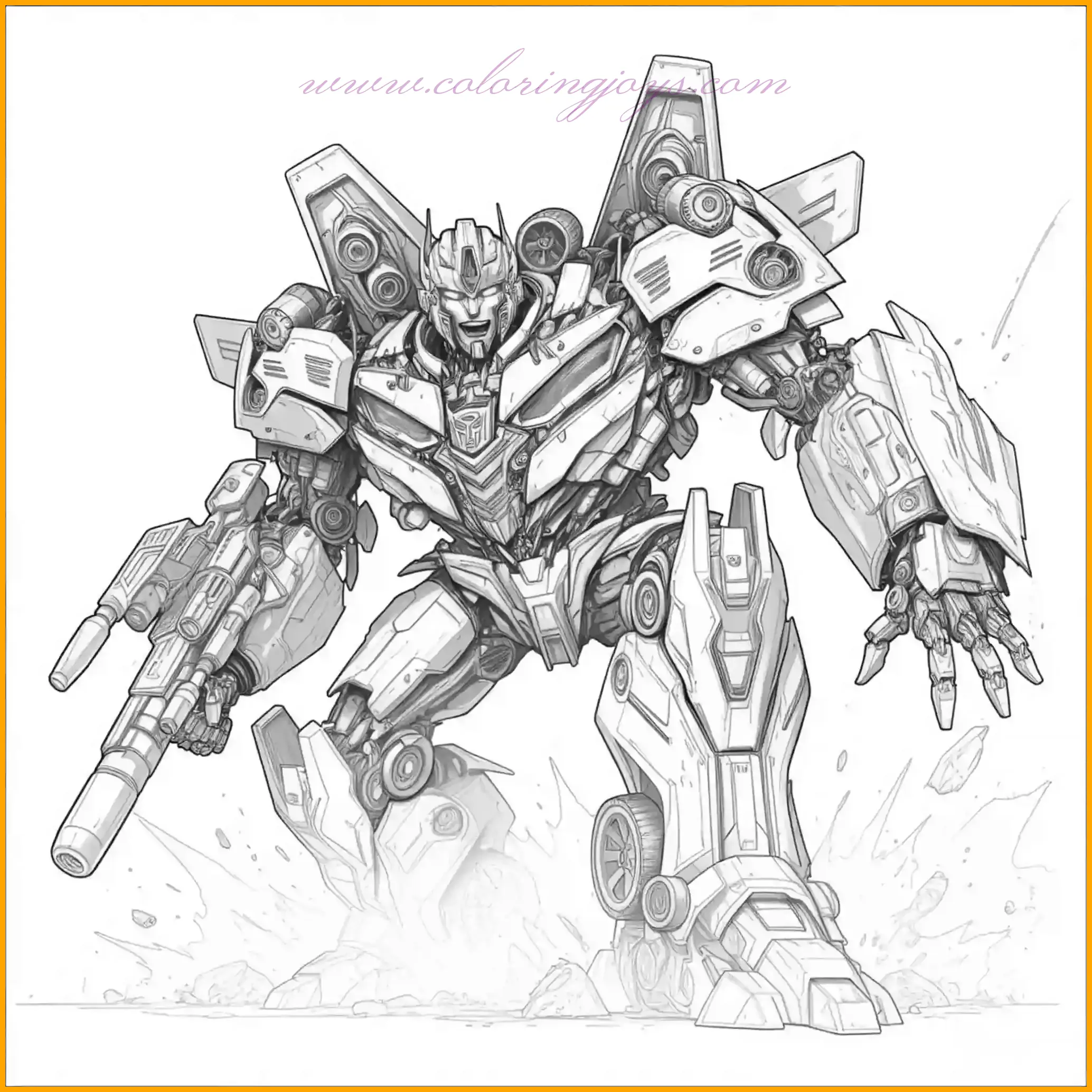 This powerful coloring page presents a Transformer in an aggressive battle stance, exuding confidence and readiness. Use bold metallic colors like silver and gunmetal, with flashes of red or yellow for accents to give the robot a striking appearance. The background can feature a fiery battlefield or an alien planet for an extra adventurous touch. This "Transformer Coloring Page" inspires creativity and is a must-have for action enthusiasts.