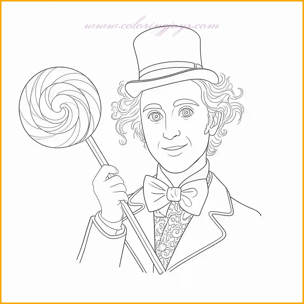 This delightful coloring page features Willy Wonka holding a giant, swirly lollipop with his signature smile. The lollipop is a canvas for your creativity—use bright and vibrant colors such as red, yellow, blue, and green to create a mesmerizing swirl. Add depth to Willy Wonka's iconic purple suit and match it with a playful pink or gold bow tie. The background can be shaded with soft, pastel tones to highlight the charm of the scene. Perfect for kids and adults alike, this page brings the whimsy of Willy Wonka to life, one swirl at a time.