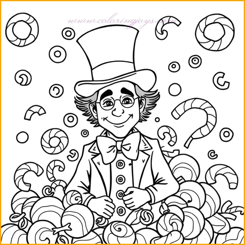 This vibrant coloring page captures Willy Wonka in a magical swirl of candies floating around him. Use a spectrum of bright colors like orange, pink, blue, and green to bring the candies to life. Add sparkle or glitter effects to make them truly magical. Willy Wonka’s outfit can be shaded in classic purples and whites, with silver accents on his cane. For the background, create a dreamy pastel gradient to enhance the whimsical feel of the scene. This page is a feast for the eyes and sparks endless creativity.