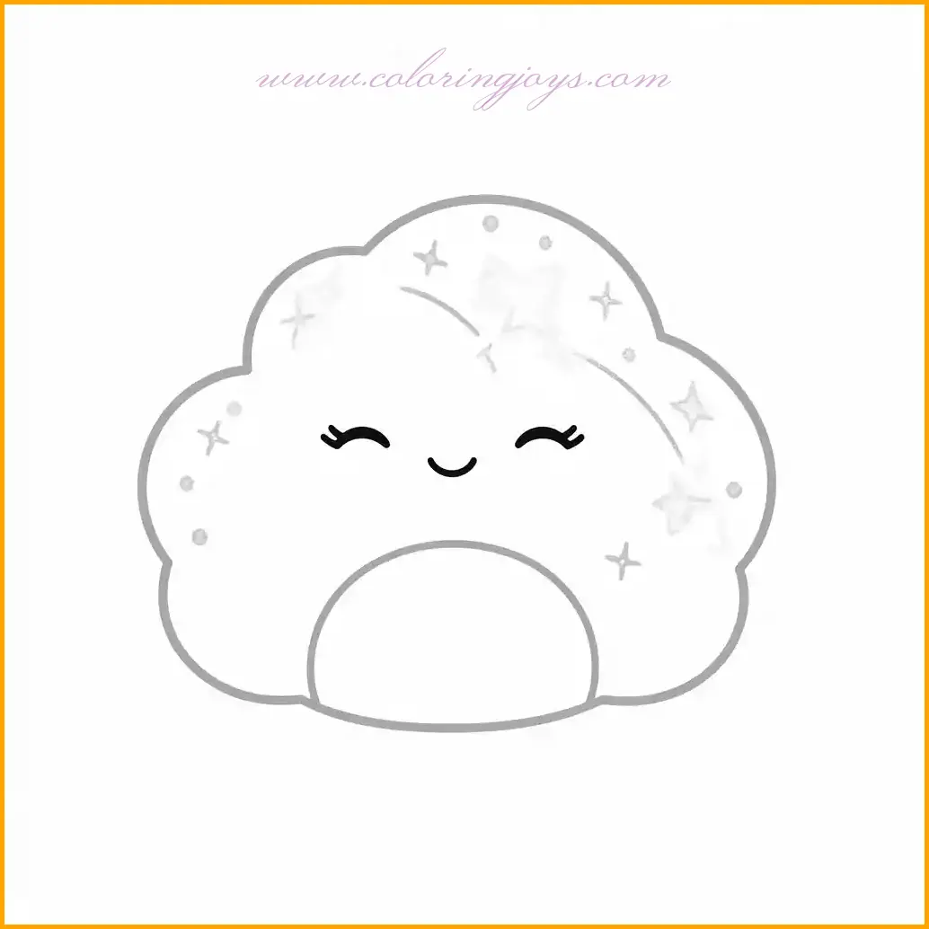 Drift into a world of relaxation with this sleepy cloud Squishmallow coloring page, complete with twinkling stars. The cloud’s rounded, fluffy form and serene expression make it perfect for young artists seeking calm, creative fun. Use soft shades like white, light gray, or pastel blue for the cloud, and add a golden or silvery shimmer to the stars for an ethereal touch. Enhance the scene by coloring the background in gradients of night sky tones—navy blue or purple transitioning into black. This dreamy "squishmallow coloring pages" design is ideal for promoting mindfulness while creating a beautiful artwork.