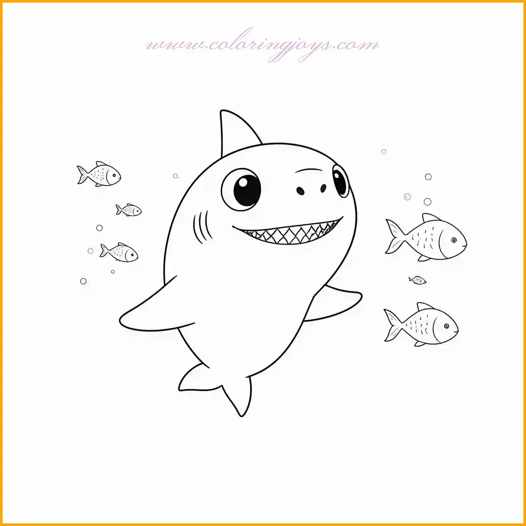 This delightful "shark coloring sheet" features an adorable baby shark swimming joyfully, surrounded by a school of smaller fish. The image is perfect for young colorists who will enjoy bringing the ocean to life. To make the shark stand out, try coloring its body with shades of blue or gray, and use vibrant colors for the surrounding fish to create a lively, colorful scene. Don't forget to add details like a bright blue ocean and a cheerful sun to enhance the atmosphere. Use soft, pastel colors for the fish to create contrast and make the shark the focal point of the image.