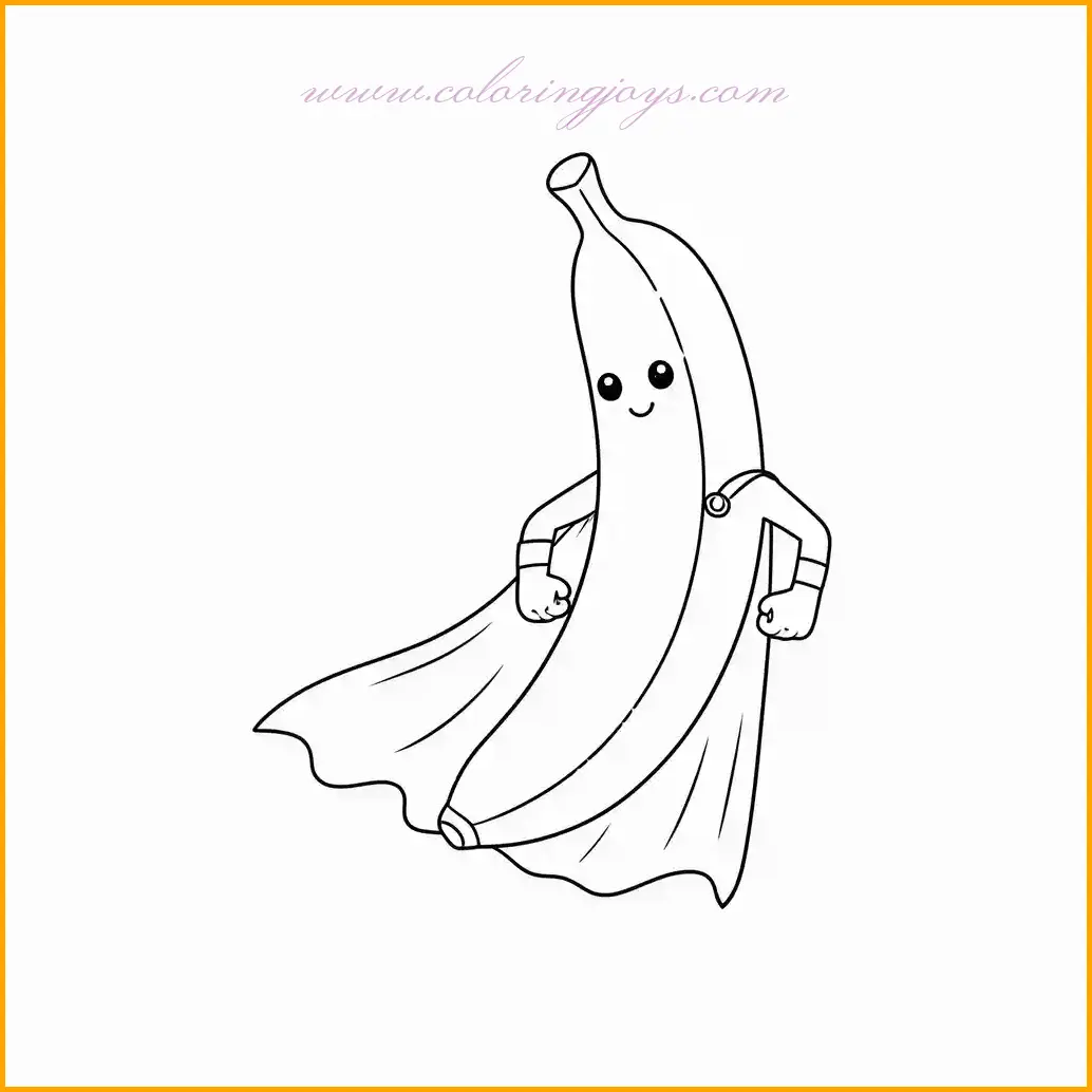 This playful image features a banana wearing a superhero cape, ready to embark on an exciting adventure. The banana itself should be colored in a bright yellow, with soft shading near the edges to create dimension. The cape can be painted in bold colors like red or blue, adding vibrancy to the scene. Children can also color the background with action-packed elements, such as a city skyline or a bright, clear sky, to enhance the superhero vibe. This coloring page allows children to imagine their banana hero saving the day while experimenting with bold and bright colors to make the scene exciting and dynamic.
