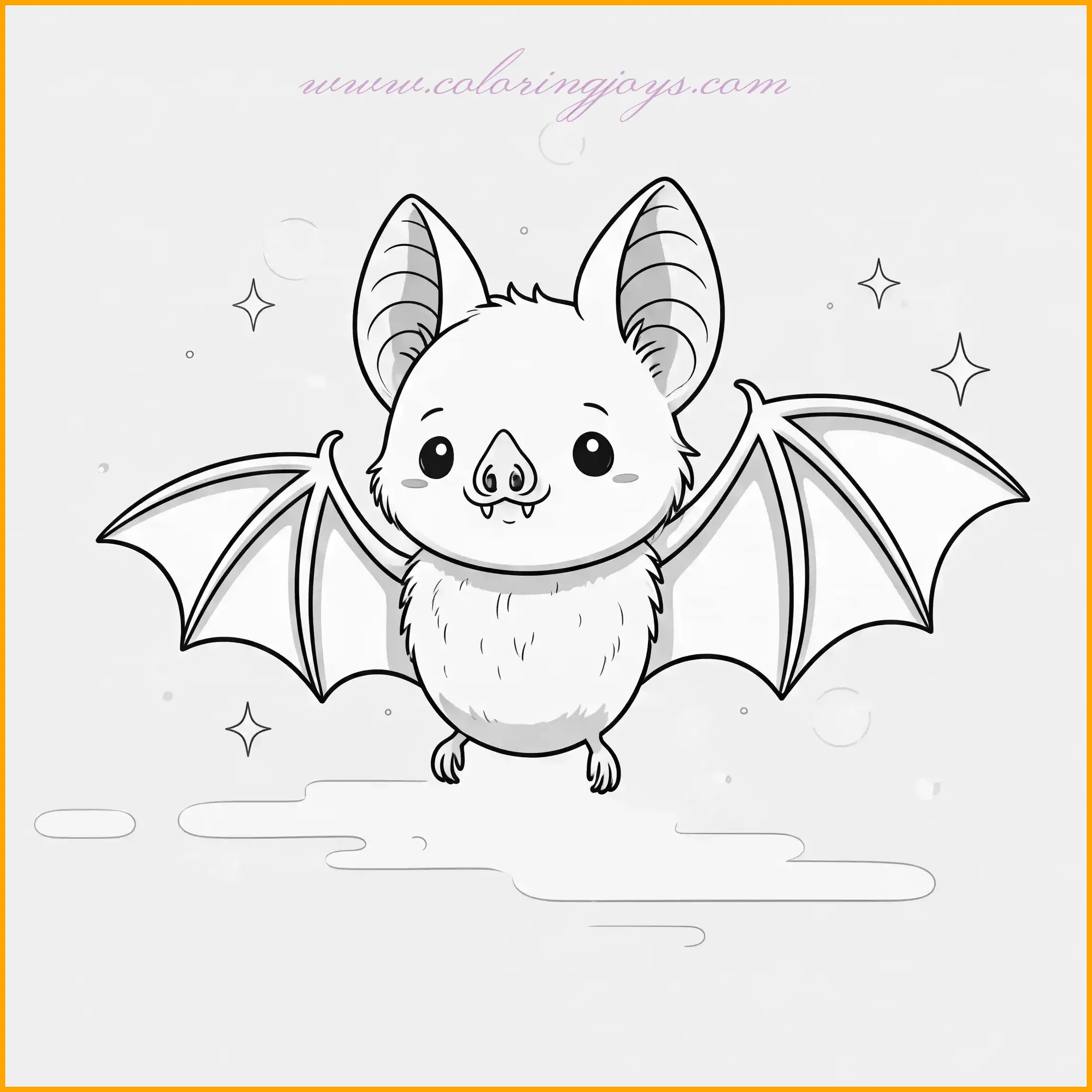 This coloring picture of a bat features a small bat with a round face, soaring through a night sky filled with sparkles. Add soft brown and beige tones to the bat, and create a dreamy background with deep blues and silvery-white sparkles. Highlight the sparkles with glitter pens or shiny details for an enchanting effect.