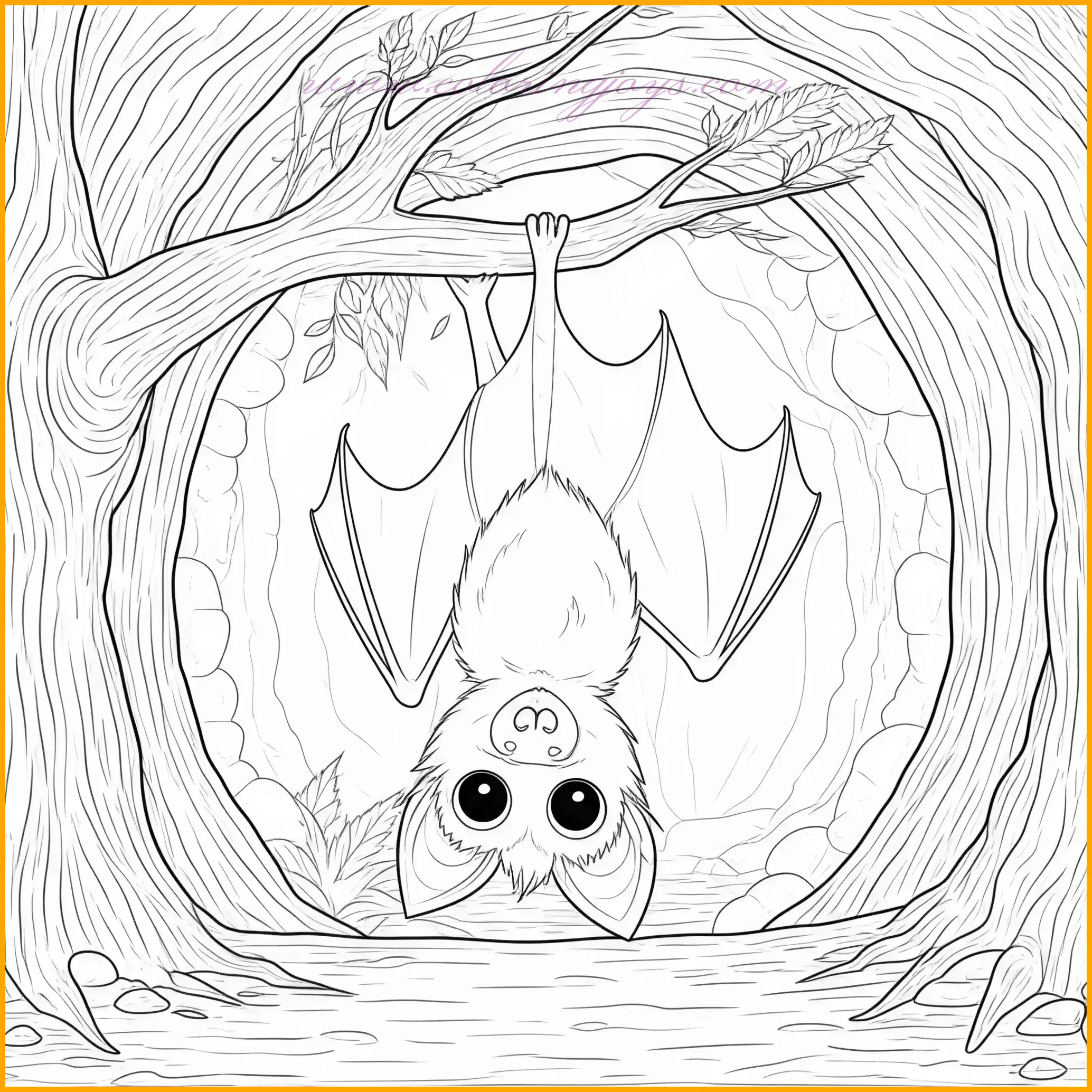 This coloring picture of a bat portrays a small bat with tiny wings and large, expressive eyes, hanging comfortably on a tree branch within a cozy cave. The bat’s endearing appearance creates a peaceful and inviting atmosphere. For the bat, use soft shades of brown or gray, highlighting its wings and eyes with lighter tones. The tree branch can be shaded in deep browns, while the cave walls are textured with earthy grays and subtle touches of mossy green. To create depth, use darker shades near the cave’s edges, blending into softer tones as you approach the bat. This detailed composition allows for immersive coloring, bringing the bat’s snug habitat to life.
