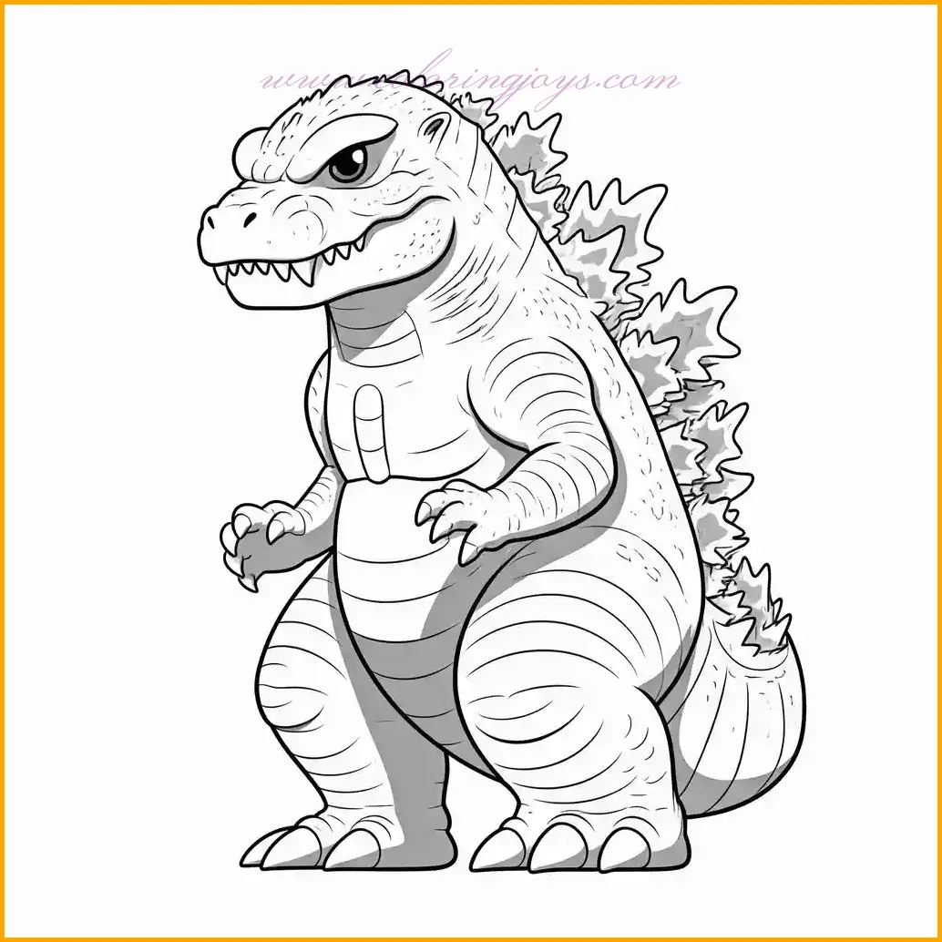 This dynamic coloring page features Godzilla in a powerful battle stance, ready to face any adversary. The intricate details of Godzilla’s rugged skin, massive tail, and menacing expression make this an exciting challenge for coloring enthusiasts. Use shades of dark green or grey to highlight Godzilla's iconic scales, and consider adding accents of glowing blue for its dorsal fins to create a striking contrast. The background can be filled with dramatic tones of red and orange to evoke a sense of urgency and action. This Godzilla printable coloring page is perfect for fans who enjoy action-packed scenes and want to bring their imagination to life with vivid colors.
