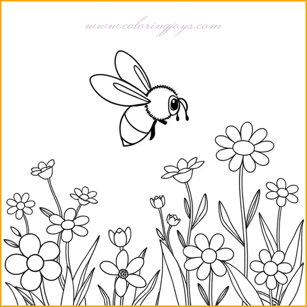 This delightful spring coloring book page features a cheerful bee buzzing among a variety of blooming flowers under a radiant spring sky. The scene captures the essence of a sunny spring garden, with detailed floral patterns and the lively movement of the bee. Children can use bright yellows and blacks for the bee, vibrant pinks, reds, and yellows for the flowers, and a soft blue for the sky. This coloring page encourages creativity and adds a fun touch to any spring-themed activity.