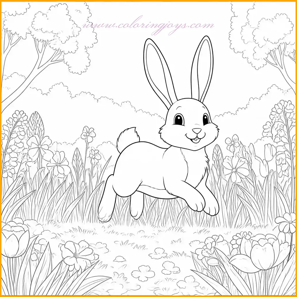 This enchanting spring coloring book page showcases a playful bunny leaping joyfully across a field of blossoming flowers. The detailed illustration brings to life the magic of springtime, with the bunny surrounded by daisies, tulips, and other vibrant flora. Children can choose pastel colors for the bunny, like soft browns or grays, and use an array of colors for the flowers to create a lively scene. The simplicity of the design makes it suitable for kids of all ages.