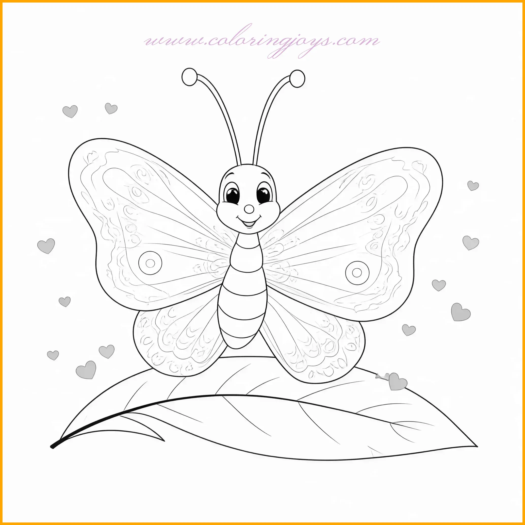 This coloring sheet of a butterfly captures a gentle moment as it rests on a charming leaf surrounded by tiny hearts. Use soft pastel colors like light pinks and greens for the leaf and butterfly. Add a splash of creativity by coloring the hearts in contrasting shades like deep reds or purples. Create a harmonious blend by giving the butterfly’s wings a soft watercolor effect.