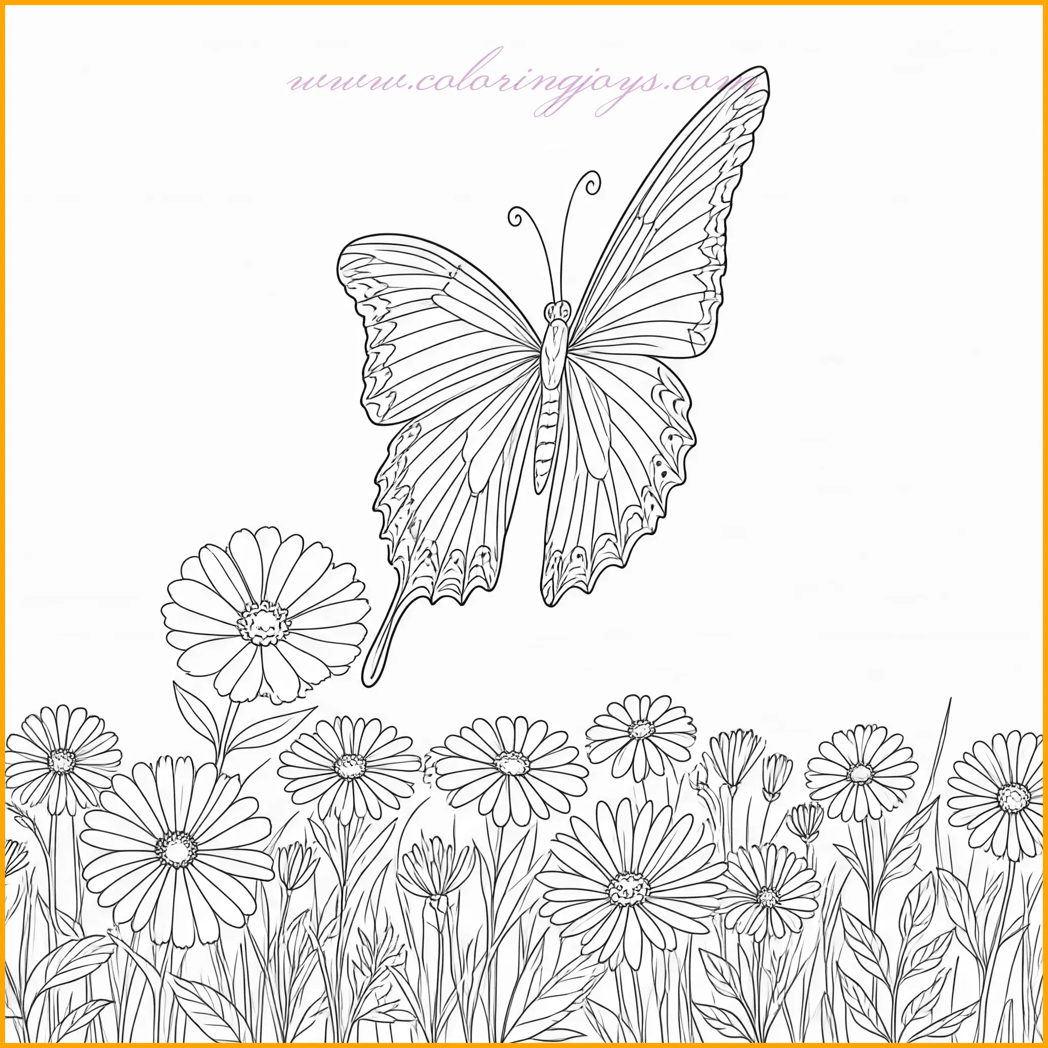 This intricate coloring page depicts a butterfly with beautifully detailed wings, soaring above a garden of blooming flowers. The wings have sections ideal for filling in with bright, contrasting colors like orange and black, purple and gold, or any combination you desire. The flowers beneath provide ample room for adding a rainbow of colors, from deep red roses to sunny yellow daisies. The background can be shaded with subtle sky tones to enhance the overall scene. This page is perfect for creating vibrant, nature-inspired colors coloring pages.
