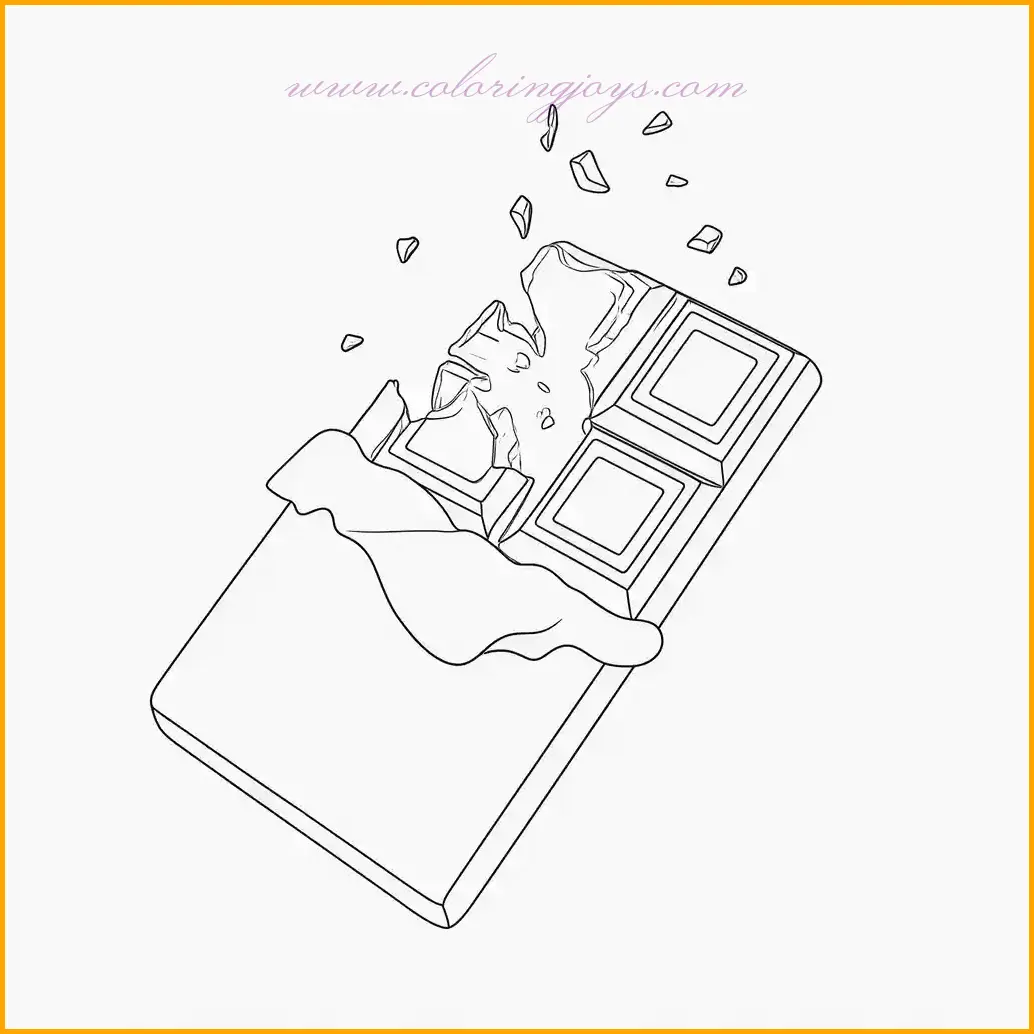 This coloring page features a delightful scene of a chocolate bar snapping into smaller pieces. The illustration showcases intricate details, such as the textured surface of the chocolate and the jagged edges of the broken pieces. For a creative coloring experience, use a rich brown shade for the chocolate and add highlights with a lighter brown or golden hue to make the pieces appear glossy. You can also use white or cream tones for the edges to give them a realistic crumbly look. This page encourages imaginative use of color to bring the broken chocolate bar to life and provides a fun challenge for shading enthusiasts. Perfect for chocolate lovers looking to enjoy a calming coloring activity!