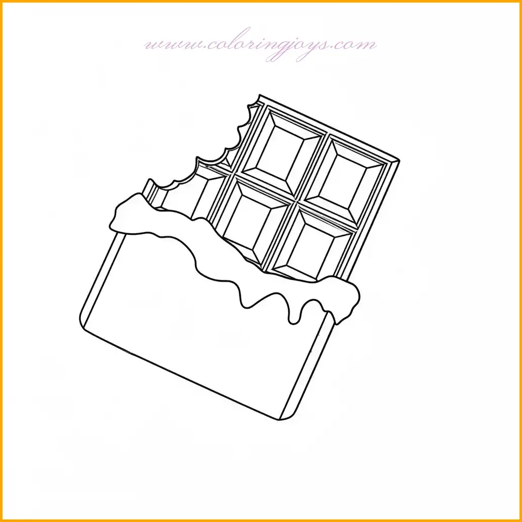 This coloring page presents a partially eaten chocolate bar with a bite mark on one corner, showing a creamy or crunchy filling inside. Use deep brown for the chocolate and a contrasting color like white, caramel, or nougat shades for the filling. The bite mark offers an opportunity to experiment with shading and depth, making the illustration pop. Add a fun background with cheerful colors like yellow or orange for an extra playful touch. This page is perfect for anyone who loves chocolate-themed art and creative expression.