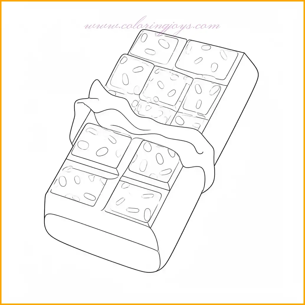 Bring a splash of color to this chocolate bar coloring page, showcasing a bar covered in vibrant sprinkles. Use dark brown for the chocolate and an array of bright colors—red, blue, yellow, and green—for the sprinkles to create a cheerful and festive design. Add white highlights to the chocolate for a glossy effect, and experiment with blending pastel shades in the background for added charm. This page is a treat for those who love bold and playful coloring projects, combining sweetness with artistic flair.