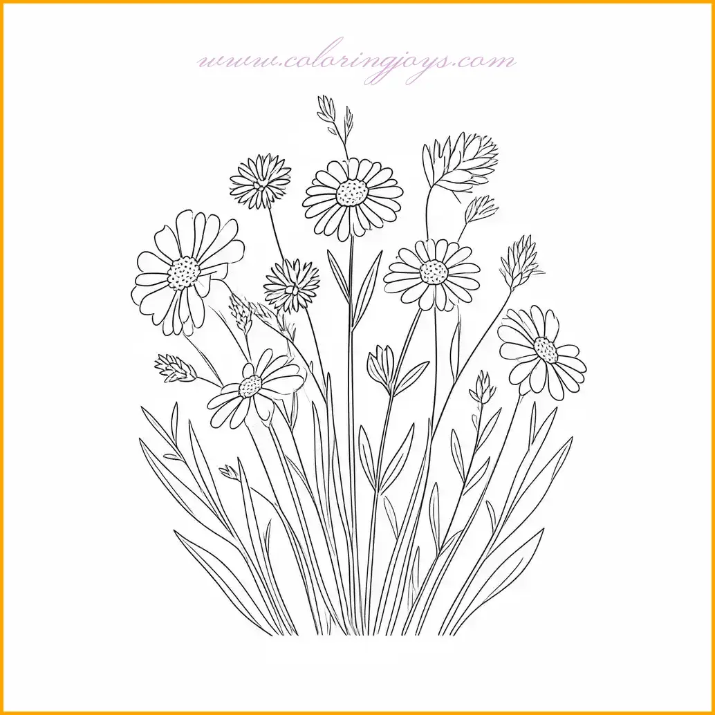 Embrace the beauty of nature with this detailed floral coloring page showcasing a cluster of wildflowers. Each flower in the cluster has distinct petals and textures, inviting a variety of colors to create a vibrant meadow scene. Use bright oranges, yellows, and purples for the petals, and greens for the stems and leaves. Enhance the background with soft earth tones or sky blue for a serene, natural feel. This page is perfect for unleashing your creativity while enjoying the therapeutic process of coloring floral designs.