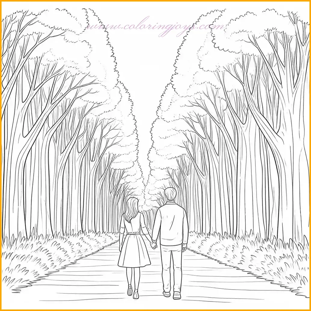 This charming coloring page showcases a couple holding hands as they stroll along a tranquil country path lined with towering trees. The trees form a natural canopy overhead, with sunlight filtering through the leaves. The couple’s connection and the serene environment evoke feelings of love and peace. For coloring, use earthy tones for the path, shades of green for the trees, and warm hues for the couple’s attire. Consider adding dappled light effects on the ground and their clothing to enhance the scene’s realism. This image is perfect for exploring creativity while emphasizing a romantic countryside vibe.