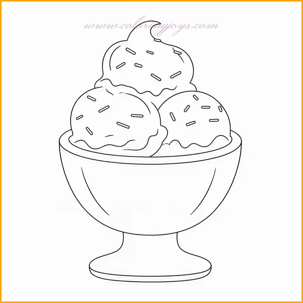 This fun and engaging coloring page features a creamy bowl of ice cream topped with colorful sprinkles. The smooth texture of the ice cream invites kids to use soft pastel shades like pink, mint green, or light blue. The sprinkles can be a rainbow of colors, adding a festive touch. The bowl’s design offers space for creative patterns, like polka dots or stripes. This is an ideal page for children to explore imaginative color combinations while enhancing their artistic skills. A sweet addition to any "Food Coloring Pages" collection.
