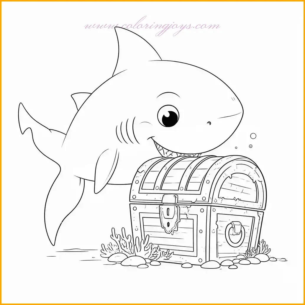 Dive into the deep sea with this "shark coloring sheet" featuring a curious shark exploring a treasure chest filled with shiny gold coins. The shark’s inquisitive expression adds to the excitement of this underwater adventure. When coloring, consider using deep ocean blues and greens for the background, while the treasure chest and coins can be highlighted in shades of gold, yellow, and brown. Experiment with different colors for the shark’s body, using a mix of blues and grays for a natural look. Make the underwater environment pop with colorful coral and sea plants to create a vibrant and engaging scene.