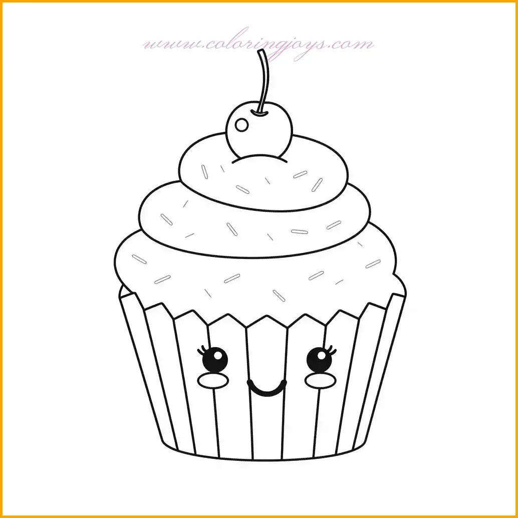 This adorable cupcake coloring page showcases a cheerful cupcake with a frosting swirl and a bright cherry on top. The cupcake’s happy face makes it perfect for kids looking for a fun and engaging activity. Use pinks, blues, and yellows for the frosting, while the cherry pops with a vibrant red. Add a creative pattern to the cupcake wrapper for extra flair. This "cute dessert coloring page" brings sweet smiles and a chance to play with colors.