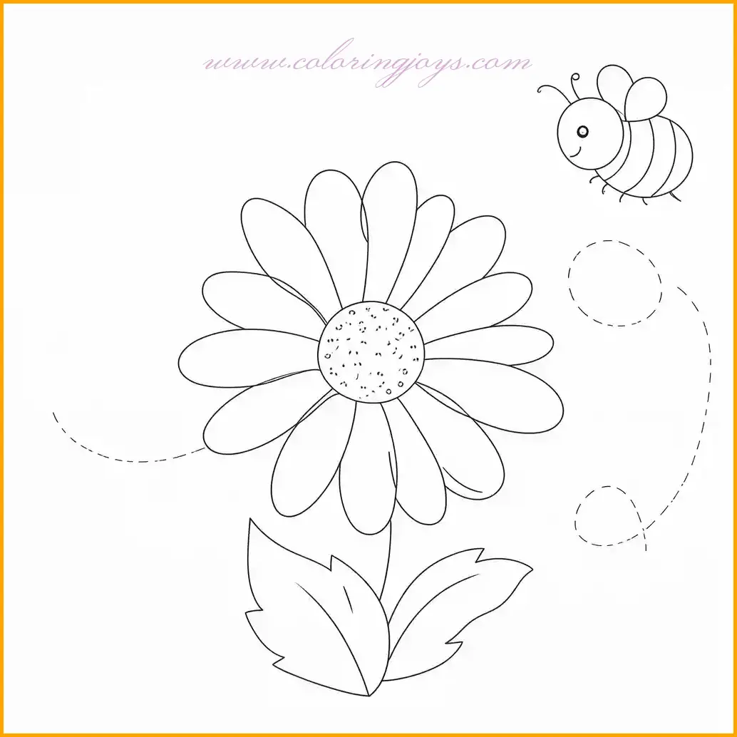 This playful coloring page showcases a daisy flower with a cheerful bee buzzing nearby. The daisy’s large, delicate petals provide ample space for shading and coloring. Use a classic yellow for the flower’s center and pure white for its petals. The bee can be given a bright yellow and black striped body, with tiny wings in a light blue or transparent shade. The stem and leaves will pop with vibrant greens. Consider adding soft sky blues or meadow greens to the background for a balanced look. This design is perfect for adding fun and brightness to your coloring session.