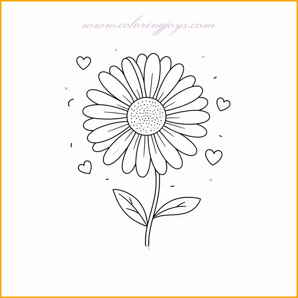 This charming coloring page showcases a daisy flower with its petals fully spread out, surrounded by delicate hearts. The design combines nature’s elegance with a touch of whimsy. Bring the flower to life by coloring its center with a bold yellow and its petals with soft pastels like pink or light lavender. The small hearts add a playful element—use vibrant colors like red, magenta, or even a rainbow gradient for them. The stem and leaves will look lush in green, creating a harmonious contrast. Add a light, airy background in pale blue or white to make the hearts and daisy stand out. This page is perfect for expressing creativity and spreading joy through coloring.