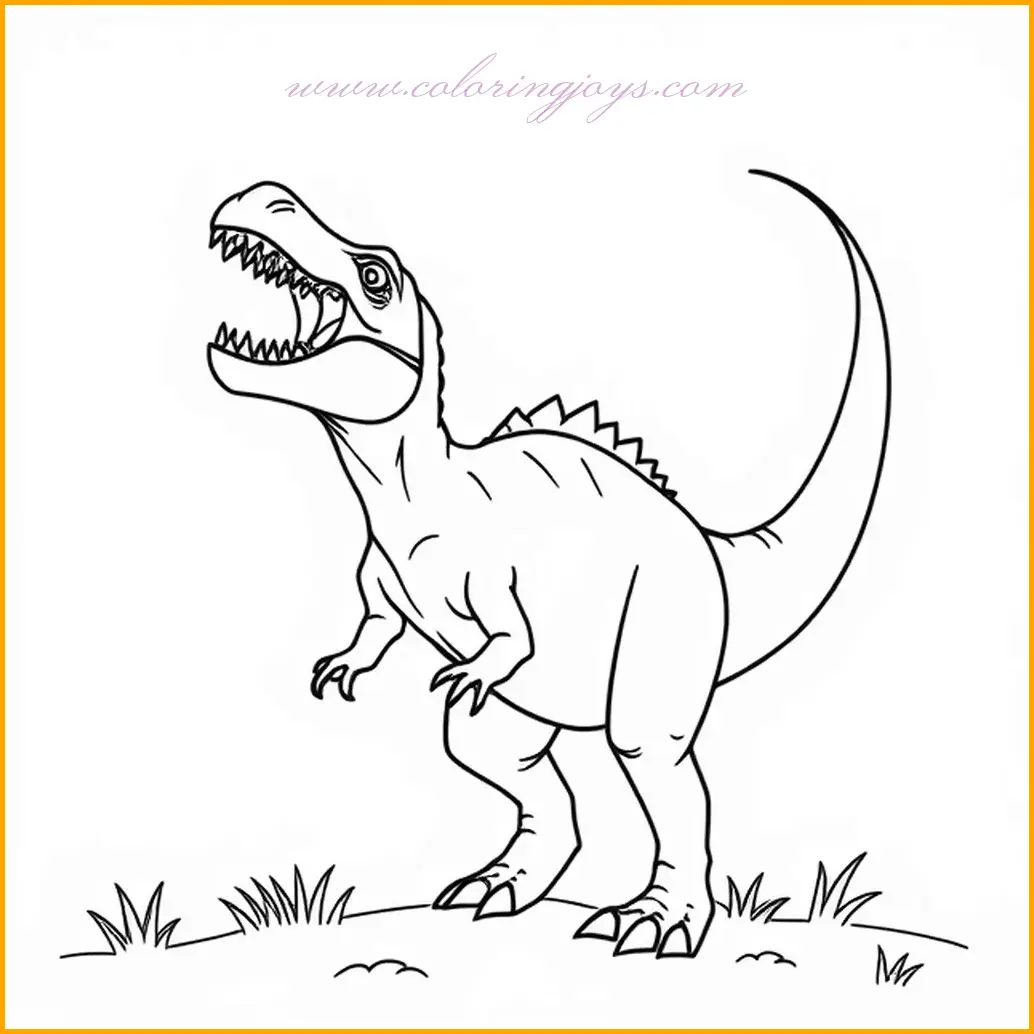 This coloring page of a dinosaur captures a powerful scene as the dinosaur roars with its mouth wide open, its tail raised high in a dramatic pose. Use deep greens or browns for the dinosaur's body, adding darker shading around its features to emphasize its energy. Highlight its tail with lighter tones or patterns for extra detail. The background can feature earthy browns and greens to represent prehistoric terrain, with a soft gradient sky transitioning from blue to orange for a dramatic effect. This exciting page invites creativity and bold color choices.