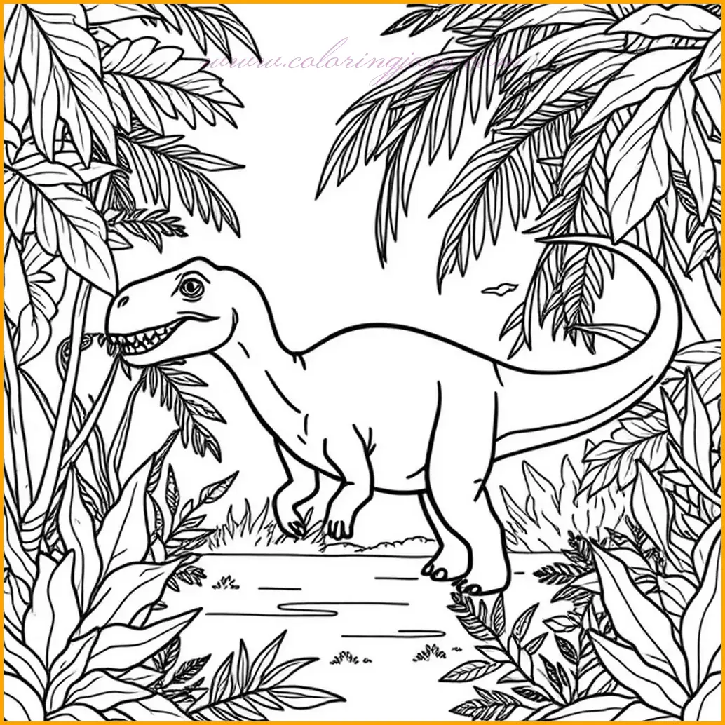 This coloring page of a dinosaur depicts an adventurous dinosaur walking through a lush prehistoric jungle surrounded by plants. Use shades of green or brown for the dinosaur’s body, and add patterns like stripes or spots for extra detail. The jungle plants can be colored with a variety of greens, with some hints of yellow or red for flowers or exotic leaves. The ground can be shaded with earthy tones of brown, and the sky can be a soft blue with faint clouds visible through the dense foliage. This vibrant and adventurous scene is perfect for an immersive coloring experience.