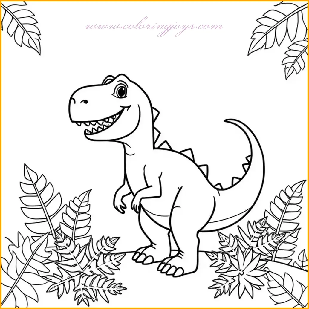 This coloring page of a dinosaur features an adorable dinosaur with a small body and a big, cheerful smile, nestled among lush ferns. Use vibrant greens or yellows for the dinosaur, and add playful patterns like spots or stripes. The ferns can be filled with various shades of green to create depth and texture. The background can include soft browns for the soil and light blues or whites for the sky to enhance the natural setting. This joyful page is perfect for imaginative and vibrant coloring.