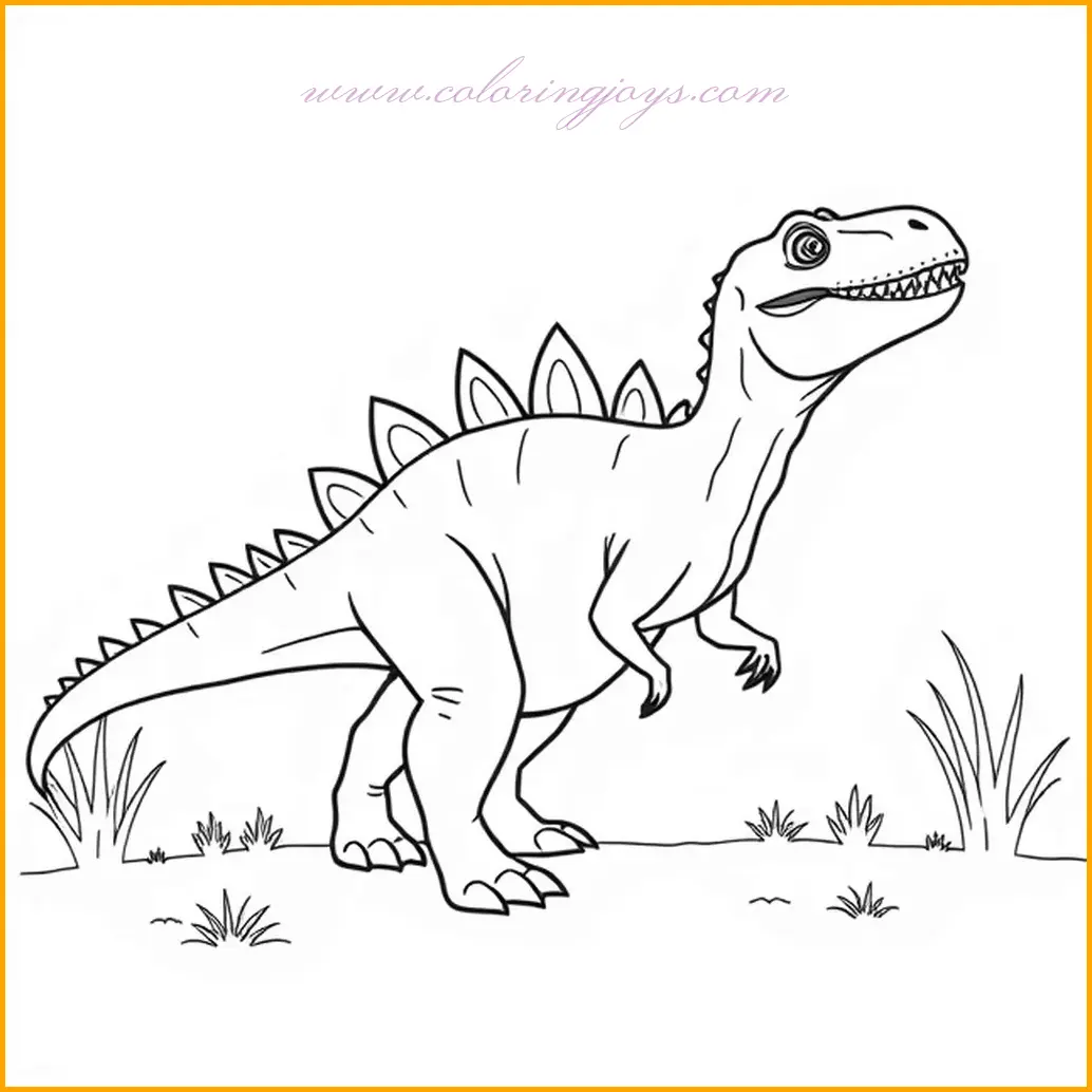 This coloring page of a dinosaur presents a curious dinosaur with spikes along its back, gazing thoughtfully at its surroundings. Use bold colors like green, brown, or orange for its body, and accentuate the spikes with contrasting shades such as yellow, red, or gray to make them stand out. The background can include rocky terrain or grassy patches shaded with earthy tones and greens. Add a clear blue sky with gentle clouds to complete the prehistoric environment. This page allows for detailed coloring and creative imagination.