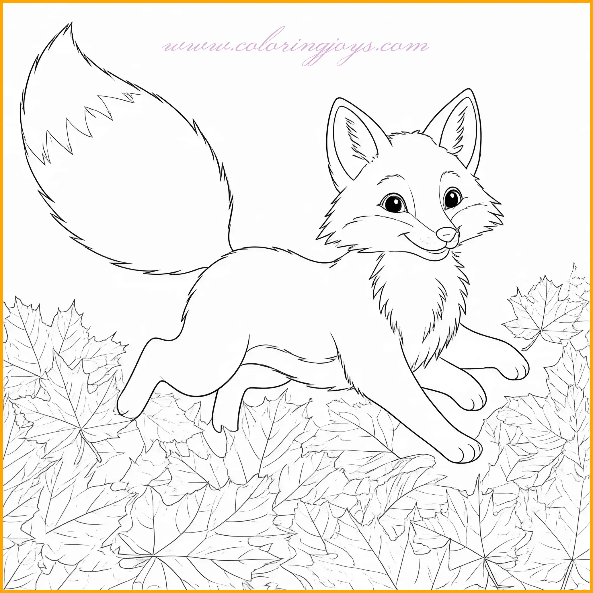 This coloring page of a fox captures the essence of autumn as a lively fox dashes through a forest floor covered in vibrant leaves. The bushy tail adds motion to the scene, making it dynamic and engaging. Use a blend of fiery orange and golden tones for the fox’s fur, with white accents for its tail and chest. The fallen leaves can be shaded in a mix of warm colors, including reds, yellows, and oranges, creating a vivid autumn palette. Add earthy browns for the forest floor and deeper greens for the surrounding trees, blending softly into the background for a cozy, seasonal feel.