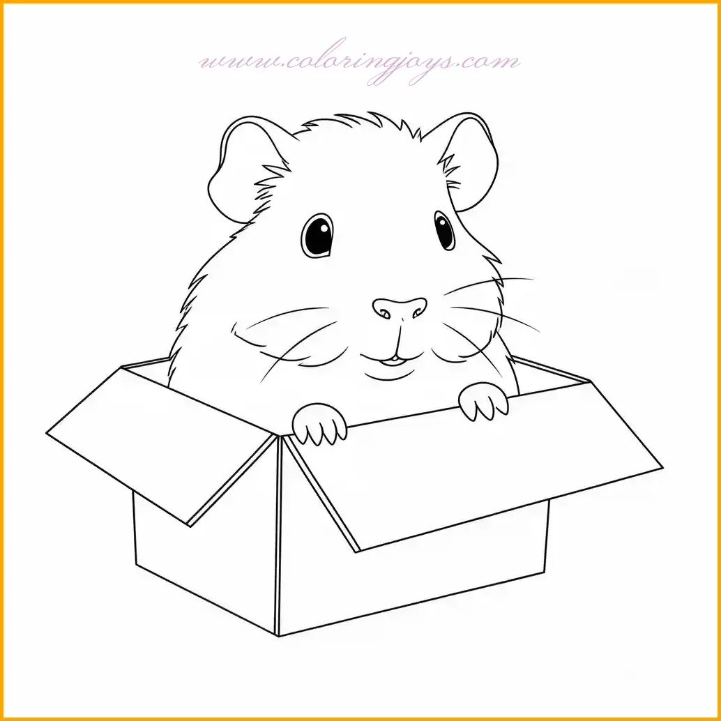 This playful coloring page depicts a curious guinea pig peeking out from a box. It’s an excellent choice for kids and adults who enjoy fun and creative activities. The guinea pig can be colored with patterns like white and brown spots or shades of black and tan. For the box, consider adding textures like a cardboard effect with shades of light brown and beige. The background can feature soft pastel colors or a room setting to bring the scene to life. This page is a delightful way to explore your creativity and love for guinea pigs.