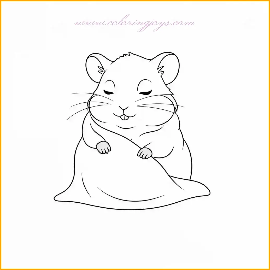 This cozy coloring page features a hamster snuggling under a tiny blanket. The soft folds of the blanket and the hamster’s relaxed posture create a warm and endearing scene. Use golden or light brown tones for the hamster’s fur, and choose a soft pastel color like pink or blue for the blanket to add a soothing touch. The background can be shaded with muted tones to highlight the snug and peaceful atmosphere. This page is ideal for relaxation and encourages creativity through coloring.