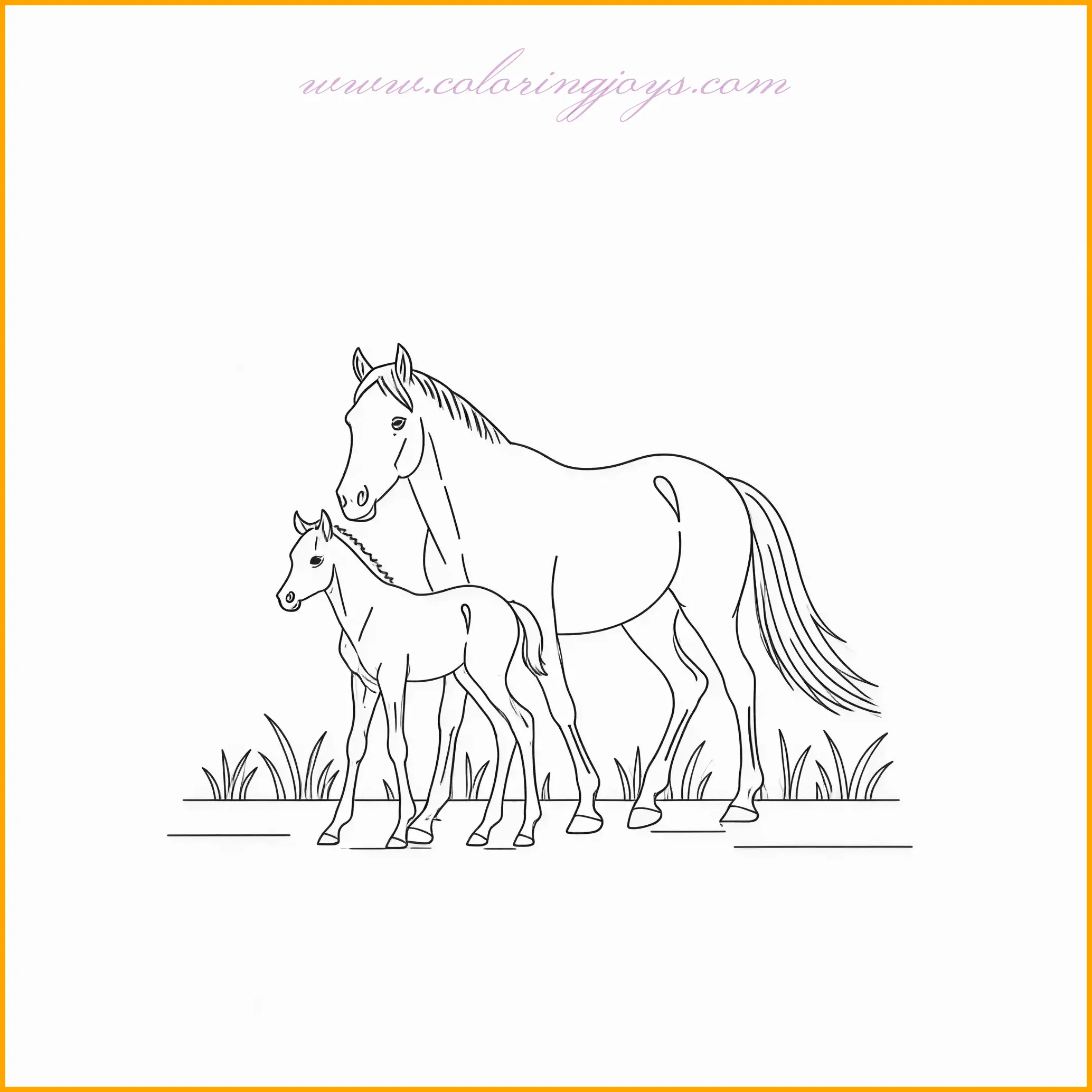 This beautiful color page of a horse depicts a heartwarming scene where a majestic horse walks peacefully alongside its foal. The horse’s mane flows gently in the breeze, while the foal trots close by, mirroring its parent’s movements. The background offers a soft meadow with a hint of trees swaying gently in the distance. This page is perfect for practicing shading techniques on the horse’s coat and foal’s smaller frame. Use light brown or black for the horse and lighter shades for the foal, with green tones for the grass and pale blues for the sky to enhance the calm and nurturing feel of the image.