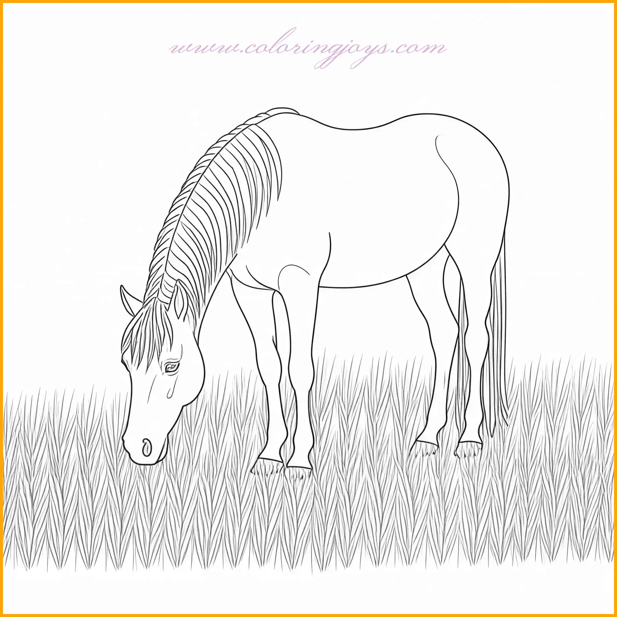 This color page of a horse captures a quiet and serene moment of a horse grazing in a lush, green meadow. The gentle expression on the horse’s face reflects its tranquil surroundings, with soft blades of grass and scattered wildflowers adding texture to the scene. Use vibrant greens for the meadow and subtle browns or grays for the horse’s coat. The background can be completed with soft blue tones for the sky and hints of distant trees in darker shades, creating a peaceful and balanced composition.