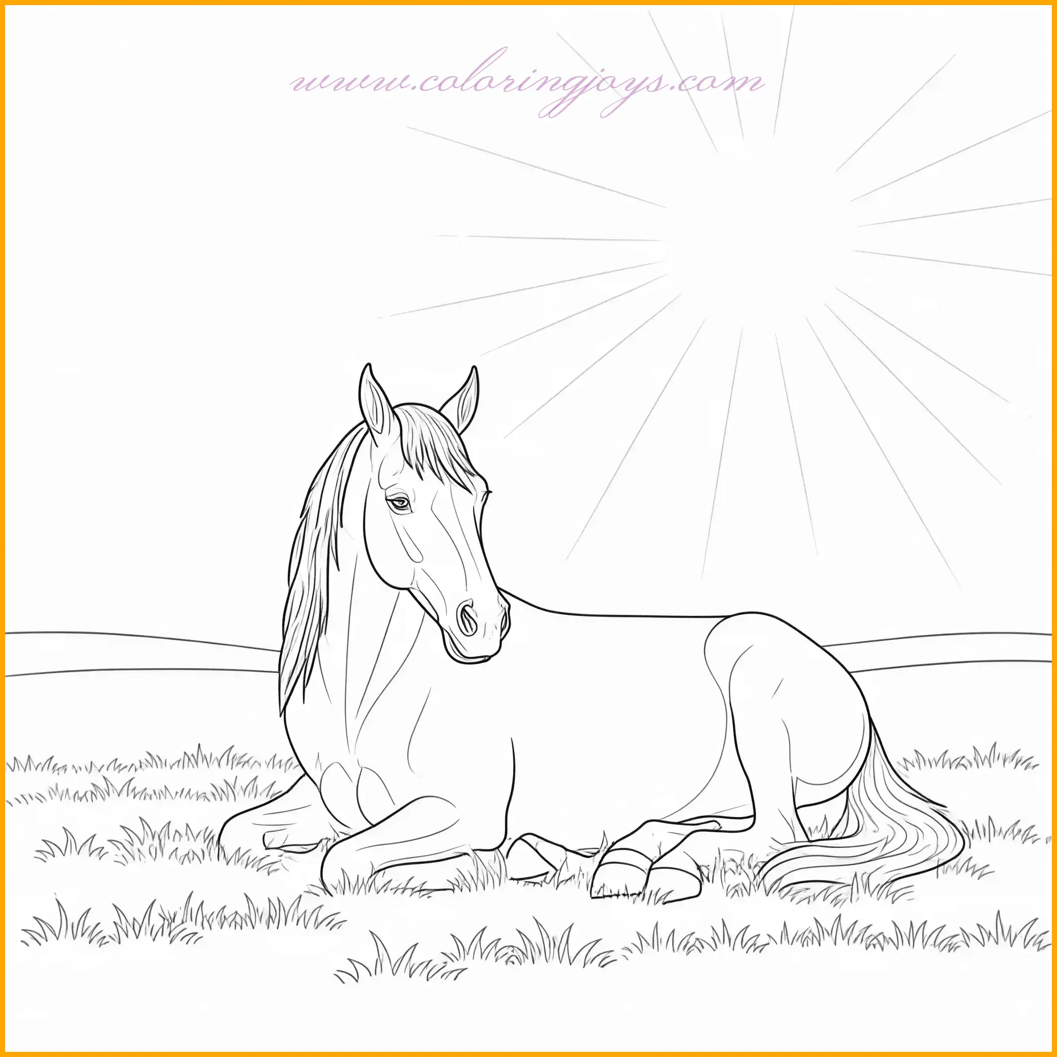 This color page of a horse captures a serene moment where the horse lies down comfortably on a grassy field, basking under the gentle rays of the sun. Its posture exudes calmness, with its legs tucked and eyes half-closed in contentment. Surrounding the horse, the soft grass is dotted with wildflowers, creating a picturesque meadow scene. Use warm shades of brown or gray for the horse, vibrant greens for the grass, and light yellow for the sunlight. Adding soft blues and whites for the sky will enhance the tranquility of the setting, making it a perfect page to color for relaxation.