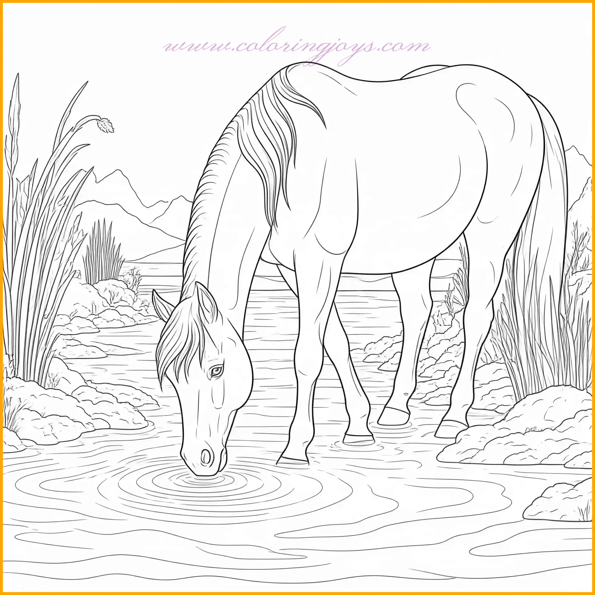This peaceful color page of a horse features the animal with its head lowered, drinking from a clear, flowing stream. The rippling water reflects the surrounding greenery, while the horse’s posture conveys a moment of calm and refreshment. Use soft blues and whites for the stream, vibrant greens for the grass and trees, and natural tones like chestnut, gray, or black for the horse’s coat. Adding subtle reflections of the horse in the water will enhance the realism of the scene. The serene composition makes it a perfect page for those who enjoy intricate and relaxing coloring.