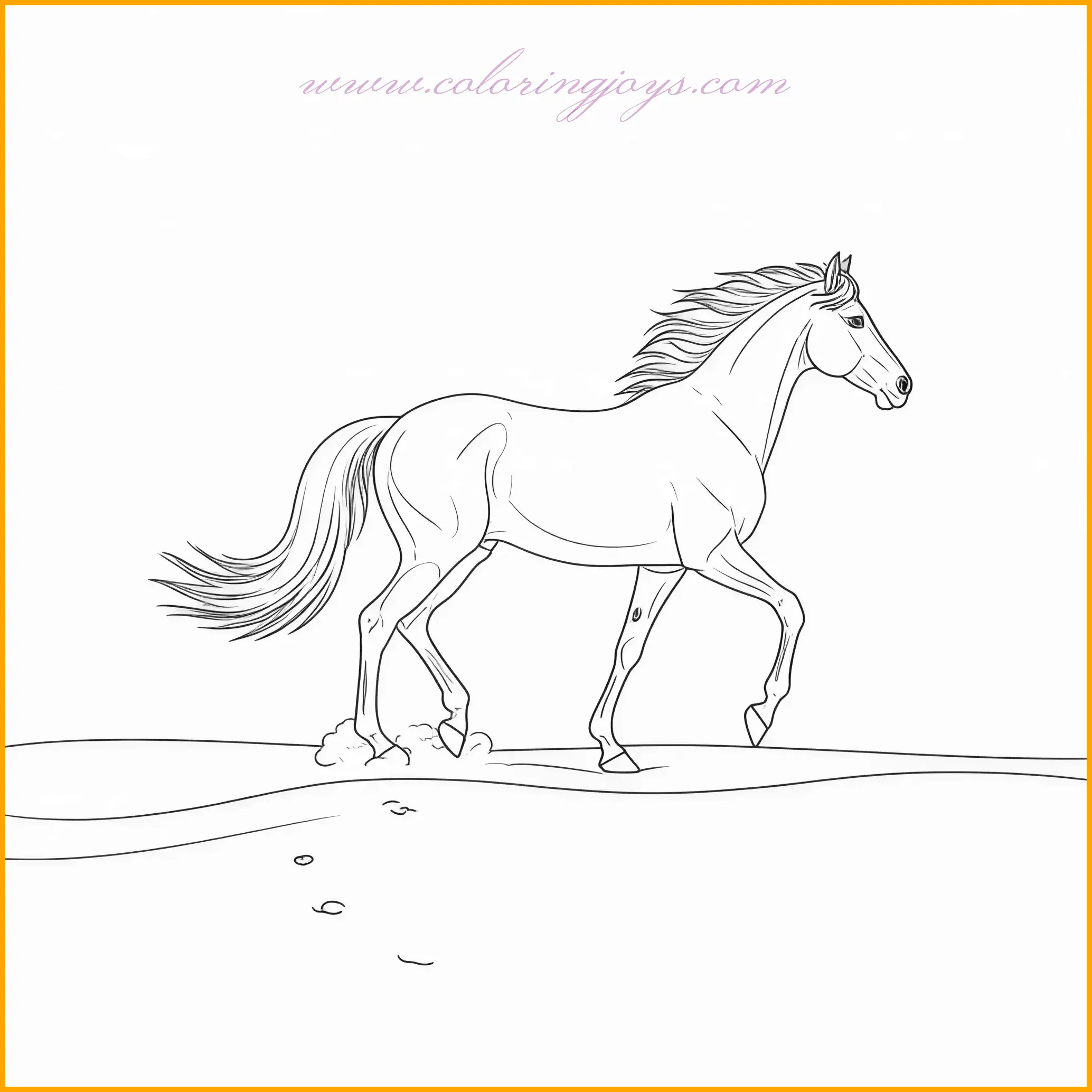 This elegant color page of a horse depicts the animal moving gracefully across a sandy terrain, its tail raised and flowing with each step. The fine details in its posture and the soft texture of the sand make this image a joy to color. Use warm tones like sandy beige for the ground and bold, earthy colors for the horse’s coat. The mane and tail can be shaded with contrasting tones to create depth and realism. Consider adding a soft blue sky or distant dunes in muted tones to complete the desert-like setting.